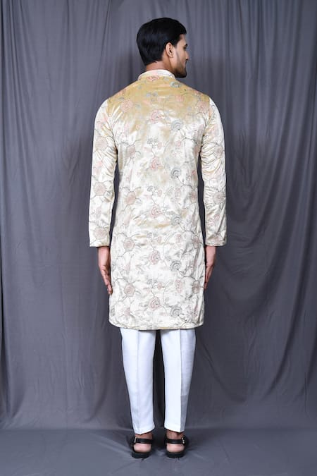 Shop Arihant Rai Sinha Beige Velvet, Silk Embroidery Printed Kurta And Pant Set at Aza Fashions Shop_Arihant Rai Sinha_Beige Velvet, Silk Embroidery Printed Kurta And Pant Set _at_Aza_Fashions