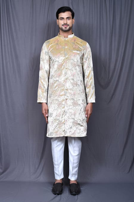 Shop Arihant Rai Sinha Beige Velvet, Silk Embroidery Printed Kurta And Pant Set Online at Aza Fashions Shop_Arihant Rai Sinha_Beige Velvet, Silk Embroidery Printed Kurta And Pant Set _Online_at_Aza_Fashions