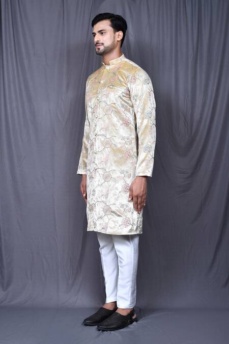 Arihant Rai Sinha Beige Velvet, Silk Embroidery Printed Kurta And Pant Set at Aza Fashions Arihant Rai Sinha_Beige Velvet, Silk Embroidery Printed Kurta And Pant Set _at_Aza_Fashions