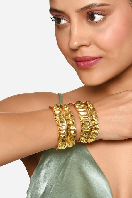 Shop Raga Baubles Gold Plated Hammered Cuff Set Of 2 at Aza Fashions Shop_Raga Baubles_Gold Plated Hammered Cuff Set Of 2 _at_Aza_Fashions