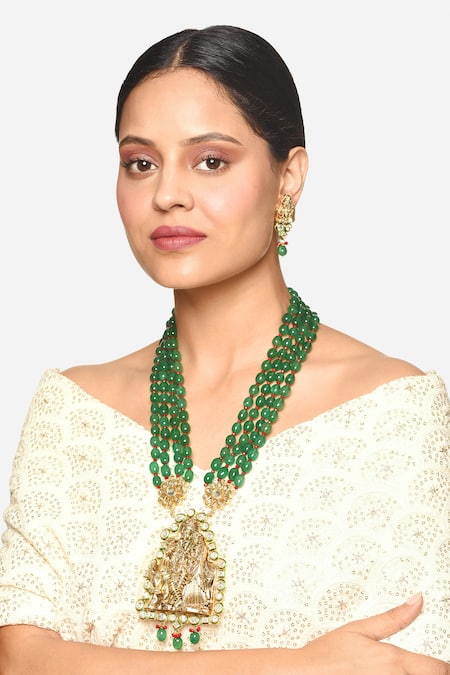 Raga Baubles Green Beads Radhe Krishna Emerald Pendant Necklace Set
