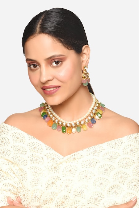 Raga Baubles Multi Color Stone Embellished Vasundhara Kundan Necklace And Earrings Set