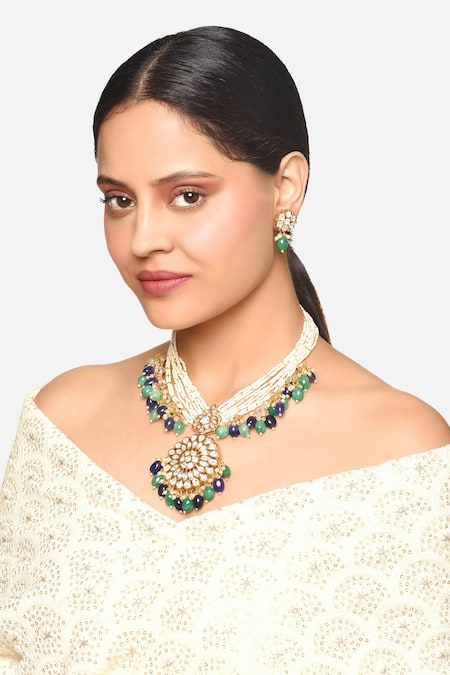 Raga Baubles Blue Stone Embellished Pearl Turquoise Necklace And Earrings Set