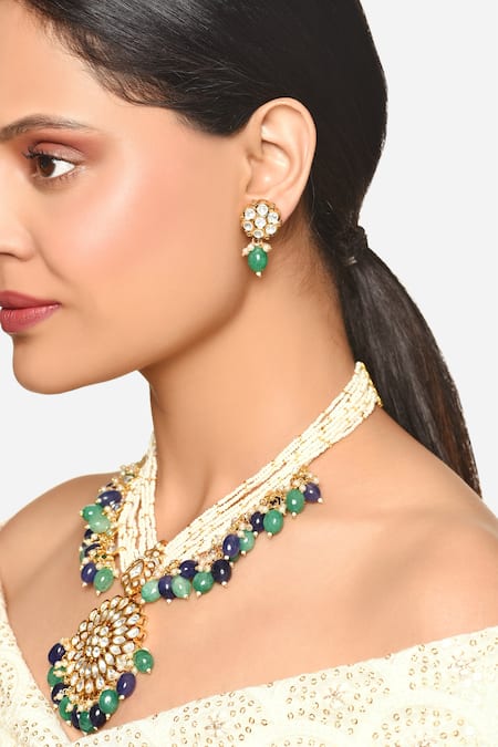Shop_Raga Baubles_Blue Stones Floral Motif Multi String Necklace Set _at_Aza_Fashions