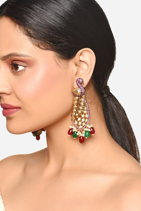 Shop Raga Baubles Purple Stones Swan Embellished Earrings at Aza Fashions Shop_Raga Baubles_Purple Stones Swan Embellished Earrings _at_Aza_Fashions