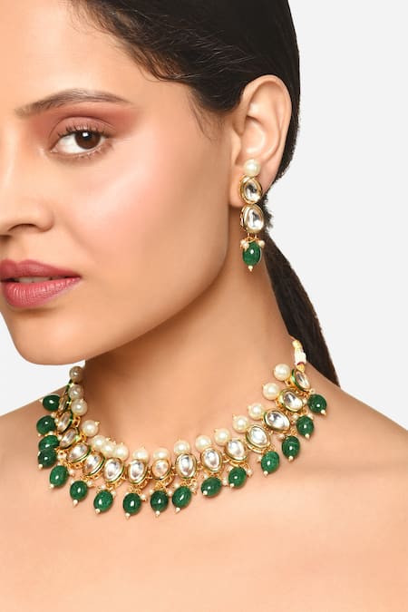 Shop_Raga Baubles_Green Stones, Pearls Emerald And Choker Set _at_Aza_Fashions