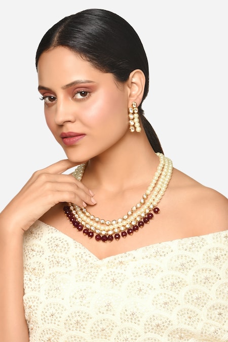 Raga Baubles Gold Toned Three Layered Pearl Necklace Set 
