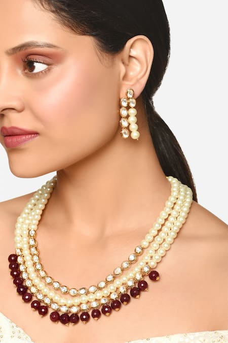 Raga Baubles Gold Toned Three Layered Pearl Necklace Set 