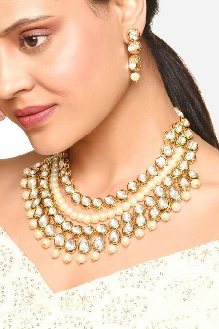 Shop_Raga Baubles_White Kundan And Pearl Embellished Layered Necklace Set _at_Aza_Fashions