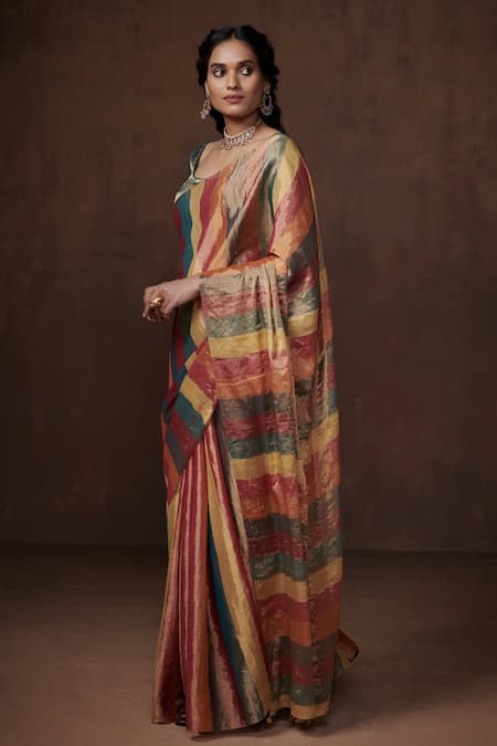 Dressfolk_Multi Color Chanderi, Multicolored Handwoven Striped Saree With Running Blouse _Online_at_Aza_Fashions