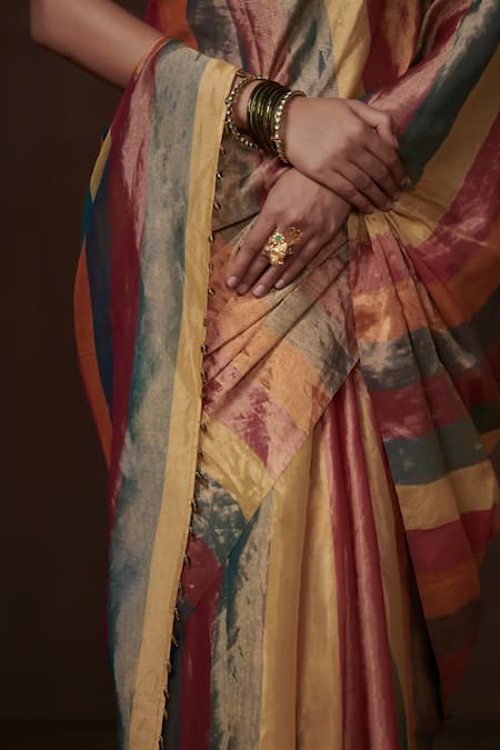 Buy_Dressfolk_Multi Color Chanderi, Multicolored Handwoven Striped Saree With Running Blouse _Online_at_Aza_Fashions