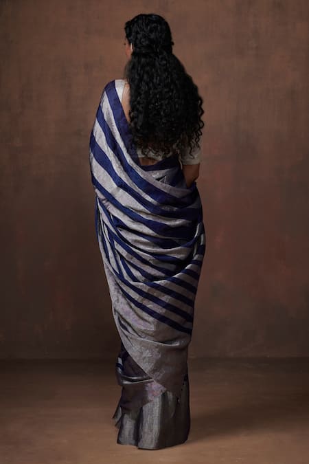 Shop Dressfolk Blue Chanderi, Tissue Handwoven Striped Saree With Running Blouse at Aza Fashions Shop_Dressfolk_Blue Chanderi, Tissue Handwoven Striped Saree With Running Blouse _at_Aza_Fashions