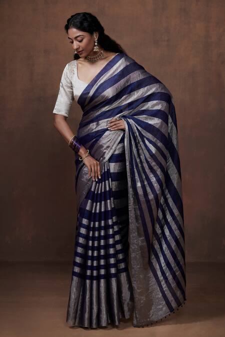 Buy Dressfolk Blue Chanderi, Tissue Handwoven Striped Saree With Running Blouse Online at Aza Fashions Buy_Dressfolk_Blue Chanderi, Tissue Handwoven Striped Saree With Running Blouse _Online_at_Aza_Fashions