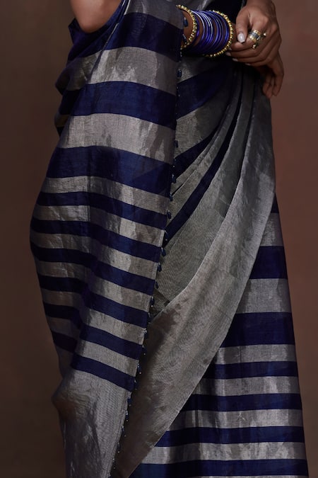Shop Dressfolk Blue Chanderi, Tissue Handwoven Striped Saree With Running Blouse Online at Aza Fashions Shop_Dressfolk_Blue Chanderi, Tissue Handwoven Striped Saree With Running Blouse _Online_at_Aza_Fashions