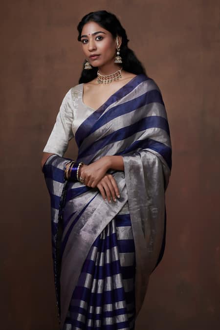 Dressfolk Blue Chanderi, Tissue Handwoven Striped Saree With Running Blouse at Aza Fashions Dressfolk_Blue Chanderi, Tissue Handwoven Striped Saree With Running Blouse _at_Aza_Fashions