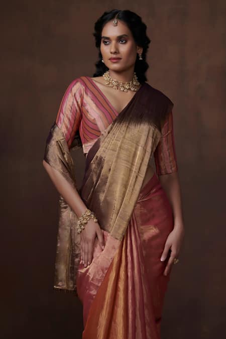 Shop Dressfolk Gold Chanderi, Tissue Beads Handwoven Zari Saree With Running Blouse Online at Aza Fashions Shop_Dressfolk_Gold Chanderi, Tissue Beads Handwoven Zari Saree With Running Blouse _Online_at_Aza_Fashions