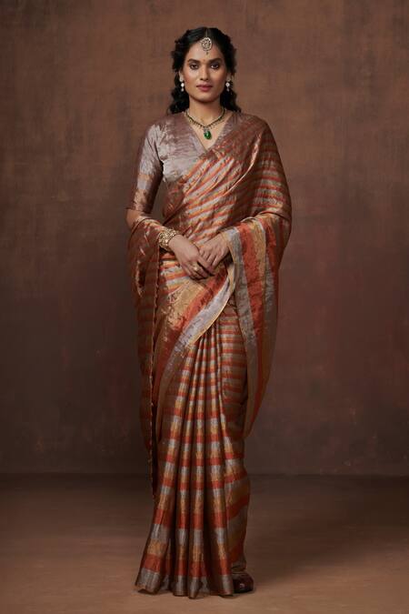 Dressfolk_Gold Chanderi, Tissue Zari Striped Saree With Running Blouse_Online_at_Aza_Fashions