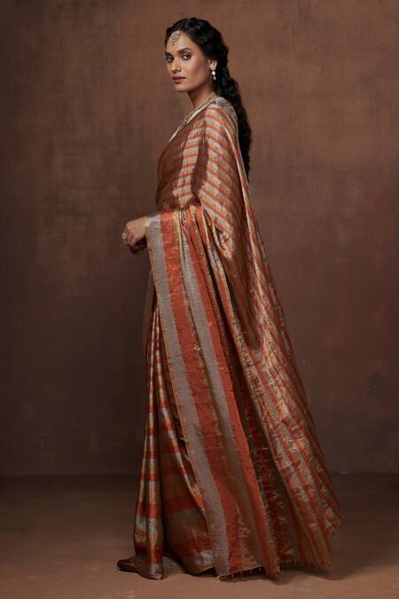 Buy_Dressfolk_Gold Chanderi, Tissue Zari Striped Saree With Running Blouse_Online_at_Aza_Fashions