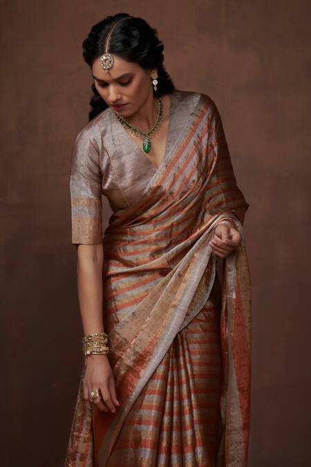 Shop_Dressfolk_Gold Chanderi, Tissue Zari Striped Saree With Running Blouse_Online_at_Aza_Fashions