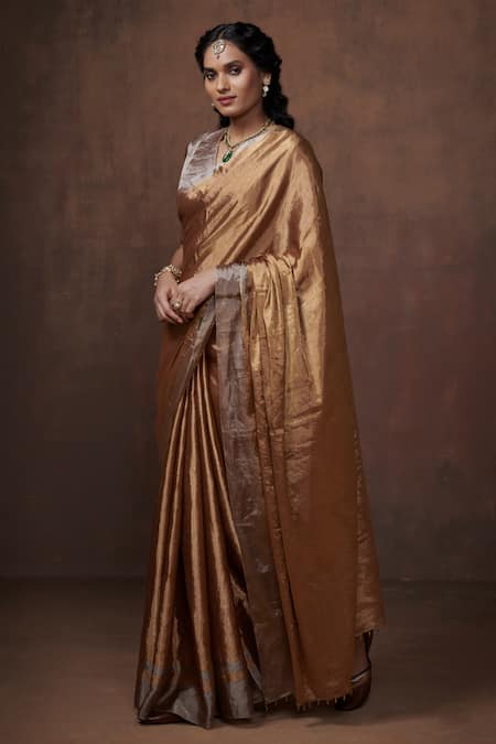 Dressfolk_Gold Tissue Zari Handwoven Saree With Running Blouse _Online_at_Aza_Fashions