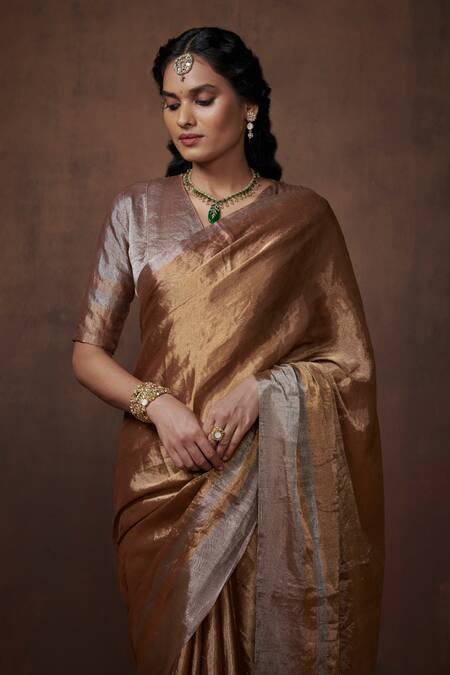 Buy_Dressfolk_Gold Tissue Zari Handwoven Saree With Running Blouse _Online_at_Aza_Fashions