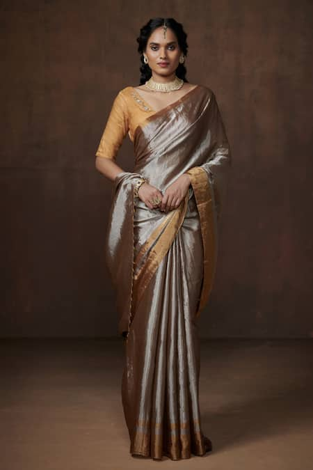 Silver & Golden Handloom Tissue Saree - Angoshobha - 4237977