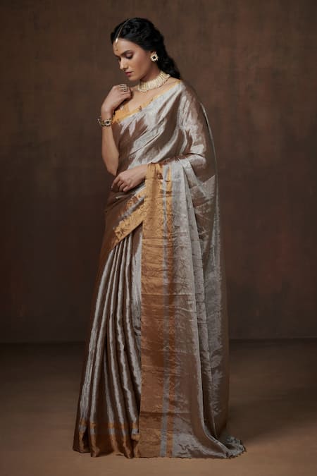 Dressfolk Silver Tissue Zari Handwoven Saree With Running Blouse Online at Aza Fashions Dressfolk_Silver Tissue Zari Handwoven Saree With Running Blouse_Online_at_Aza_Fashions