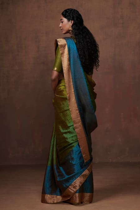 Shop Dressfolk Green Chanderi, Tissue Zari Handwoven Color Blocked Saree With Running Blouse at Aza Fashions Shop_Dressfolk_Green Chanderi, Tissue Zari Handwoven Color Blocked Saree With Running Blouse_at_Aza_Fashions