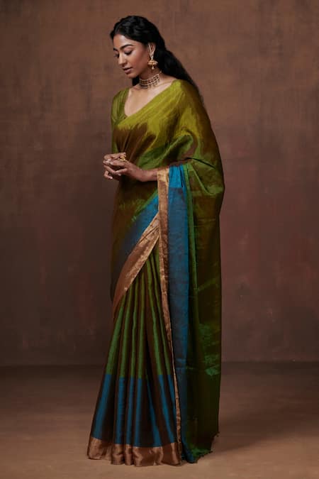 Dressfolk Green Chanderi, Tissue Zari Handwoven Color Blocked Saree With Running Blouse Online at Aza Fashions Dressfolk_Green Chanderi, Tissue Zari Handwoven Color Blocked Saree With Running Blouse_Online_at_Aza_Fashions