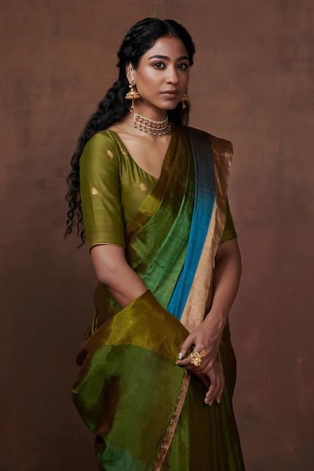 Buy Dressfolk Green Chanderi, Tissue Zari Handwoven Color Blocked Saree With Running Blouse Online at Aza Fashions Buy_Dressfolk_Green Chanderi, Tissue Zari Handwoven Color Blocked Saree With Running Blouse_Online_at_Aza_Fashions