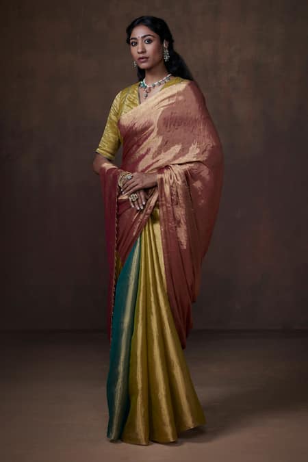 Dressfolk Green Chanderi Beads Handwoven Zari Tissue Saree With Running Blouse Online at Aza Fashions Dressfolk_Green Chanderi Beads Handwoven Zari Tissue Saree With Running Blouse _Online_at_Aza_Fashions