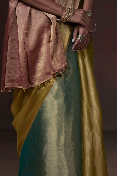 Shop Dressfolk Green Chanderi Beads Handwoven Zari Tissue Saree With Running Blouse Online at Aza Fashions Shop_Dressfolk_Green Chanderi Beads Handwoven Zari Tissue Saree With Running Blouse _Online_at_Aza_Fashions