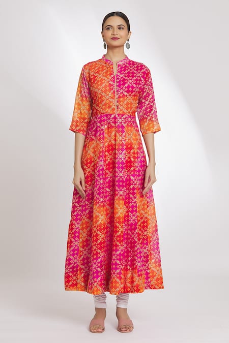 Samyukta Singhania Pink Cotton Embroidery Mandarin Collar Foil Print Tie-dye Anarkali Online at Aza Fashions Samyukta Singhania_Pink Cotton Embroidery Mandarin Collar Foil Print Tie-dye Anarkali_Online_at_Aza_Fashions