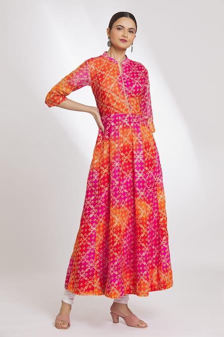 Shop Samyukta Singhania Pink Cotton Embroidery Mandarin Collar Foil Print Tie-dye Anarkali Online at Aza Fashions Shop_Samyukta Singhania_Pink Cotton Embroidery Mandarin Collar Foil Print Tie-dye Anarkali_Online_at_Aza_Fashions