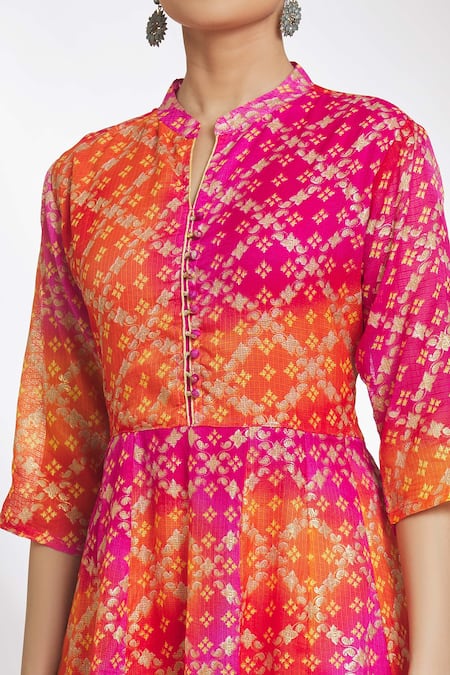 Samyukta Singhania Pink Cotton Embroidery Mandarin Collar Foil Print Tie-dye Anarkali at Aza Fashions Samyukta Singhania_Pink Cotton Embroidery Mandarin Collar Foil Print Tie-dye Anarkali_at_Aza_Fashions