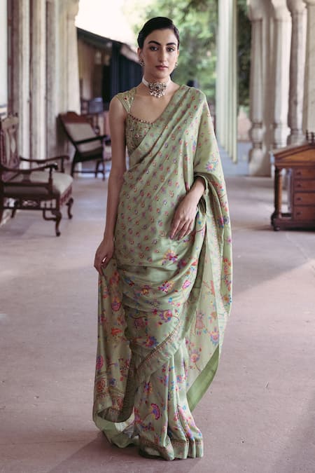 Buy Green Dupion Silk Printed Floral Round Saree With Blouse For Women ...