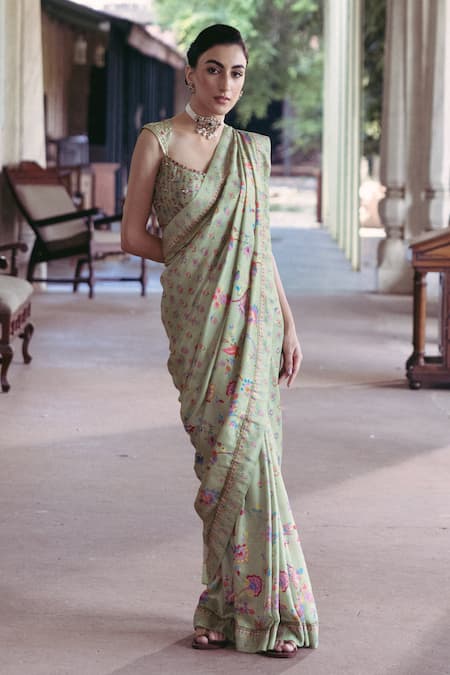 Drishti & Zahabia_Green Silk, Crepe Applique, Sequins, Mirrors, Floral Print Saree With Blouse _Online_at_Aza_Fashions