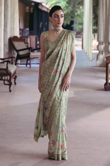 Buy_Drishti & Zahabia_Green Silk, Crepe Applique, Sequins, Mirrors, Floral Print Saree With Blouse _Online_at_Aza_Fashions