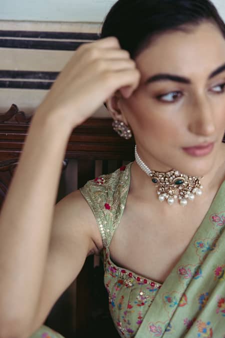 Drishti & Zahabia_Green Silk, Crepe Applique, Sequins, Mirrors, Floral Print Saree With Blouse _at_Aza_Fashions