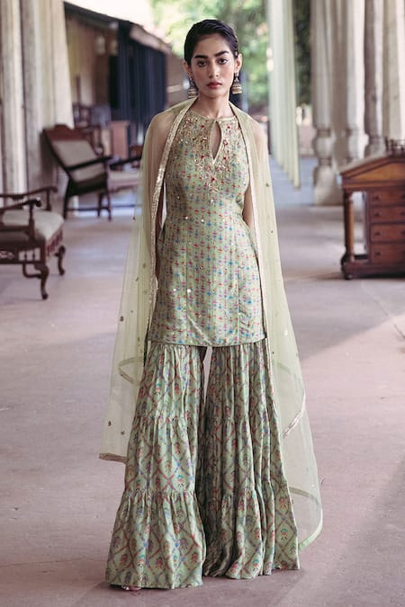 Drishti & Zahabia Green Silk, Net, Crepe Embroidery, Sequins, Floral Print Kurta Sharara Set Online at Aza Fashions Drishti & Zahabia_Green Silk, Net, Crepe Embroidery, Sequins, Floral Print Kurta Sharara Set _Online_at_Aza_Fashions
