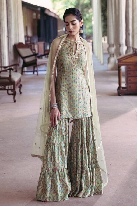 Buy Drishti & Zahabia Green Silk, Net, Crepe Embroidery, Sequins, Floral Print Kurta Sharara Set Online at Aza Fashions Buy_Drishti & Zahabia_Green Silk, Net, Crepe Embroidery, Sequins, Floral Print Kurta Sharara Set _Online_at_Aza_Fashions