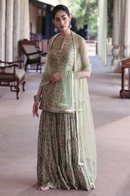Shop Drishti & Zahabia Green Silk, Net, Crepe Embroidery, Sequins, Floral Print Kurta Sharara Set Online at Aza Fashions Shop_Drishti & Zahabia_Green Silk, Net, Crepe Embroidery, Sequins, Floral Print Kurta Sharara Set _Online_at_Aza_Fashions