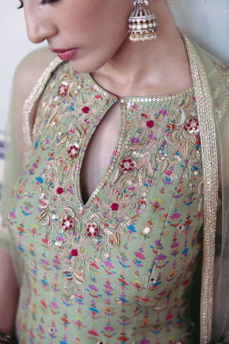 Drishti & Zahabia Green Silk, Net, Crepe Embroidery, Sequins, Floral Print Kurta Sharara Set at Aza Fashions Drishti & Zahabia_Green Silk, Net, Crepe Embroidery, Sequins, Floral Print Kurta Sharara Set _at_Aza_Fashions