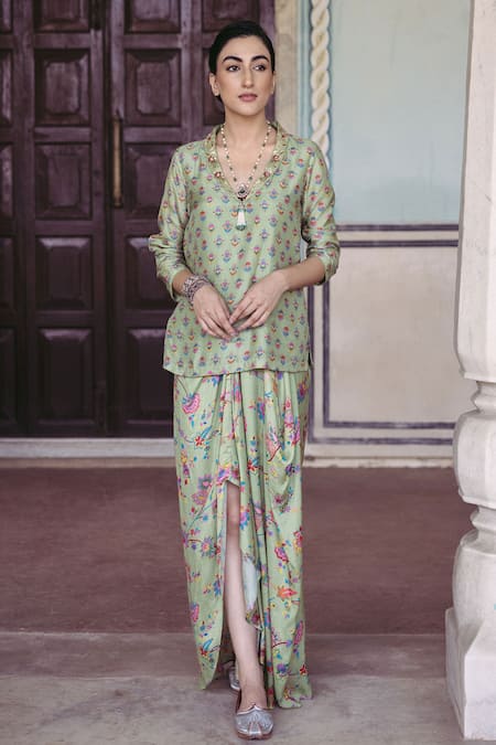 Shop Drishti & Zahabia Green Silk, Crepe Embroidery, Sequins Printed Kurta And Cowl Draped Skirt Set at Aza Fashions Shop_Drishti & Zahabia_Green Silk, Crepe Embroidery, Sequins Printed Kurta And Cowl Draped Skirt Set _at_Aza_Fashions