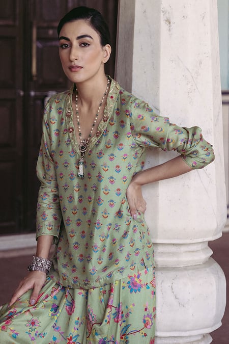 Buy Drishti & Zahabia Green Silk, Crepe Embroidery, Sequins Printed Kurta And Cowl Draped Skirt Set Online at Aza Fashions Buy_Drishti & Zahabia_Green Silk, Crepe Embroidery, Sequins Printed Kurta And Cowl Draped Skirt Set _Online_at_Aza_Fashions