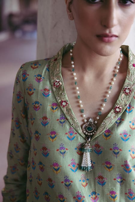 Shop Drishti & Zahabia Green Silk, Crepe Embroidery, Sequins Printed Kurta And Cowl Draped Skirt Set Online at Aza Fashions Shop_Drishti & Zahabia_Green Silk, Crepe Embroidery, Sequins Printed Kurta And Cowl Draped Skirt Set _Online_at_Aza_Fashions