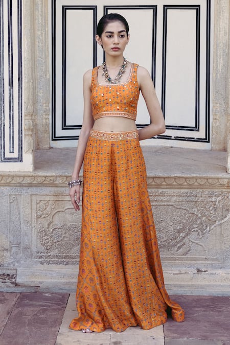 Drishti & Zahabia Orange Dupion Silk Printed Floral Square Neck Crop Top And Panelled Pant Set