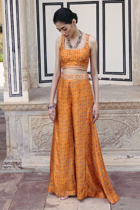 Drishti & Zahabia_Orange Silk, Crepe Embroidery Square Neck Floral Crop Top And Pant Set _Online_at_Aza_Fashions