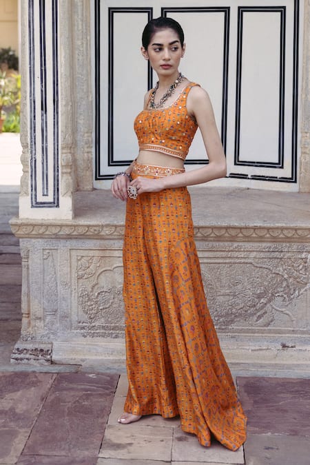 Buy_Drishti & Zahabia_Orange Silk, Crepe Embroidery Square Neck Floral Crop Top And Pant Set _Online_at_Aza_Fashions