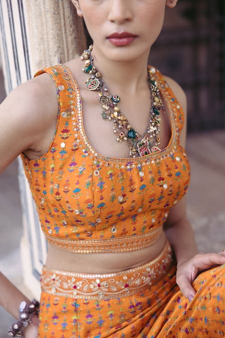 Shop_Drishti & Zahabia_Orange Silk, Crepe Embroidery Square Neck Floral Crop Top And Pant Set _Online_at_Aza_Fashions